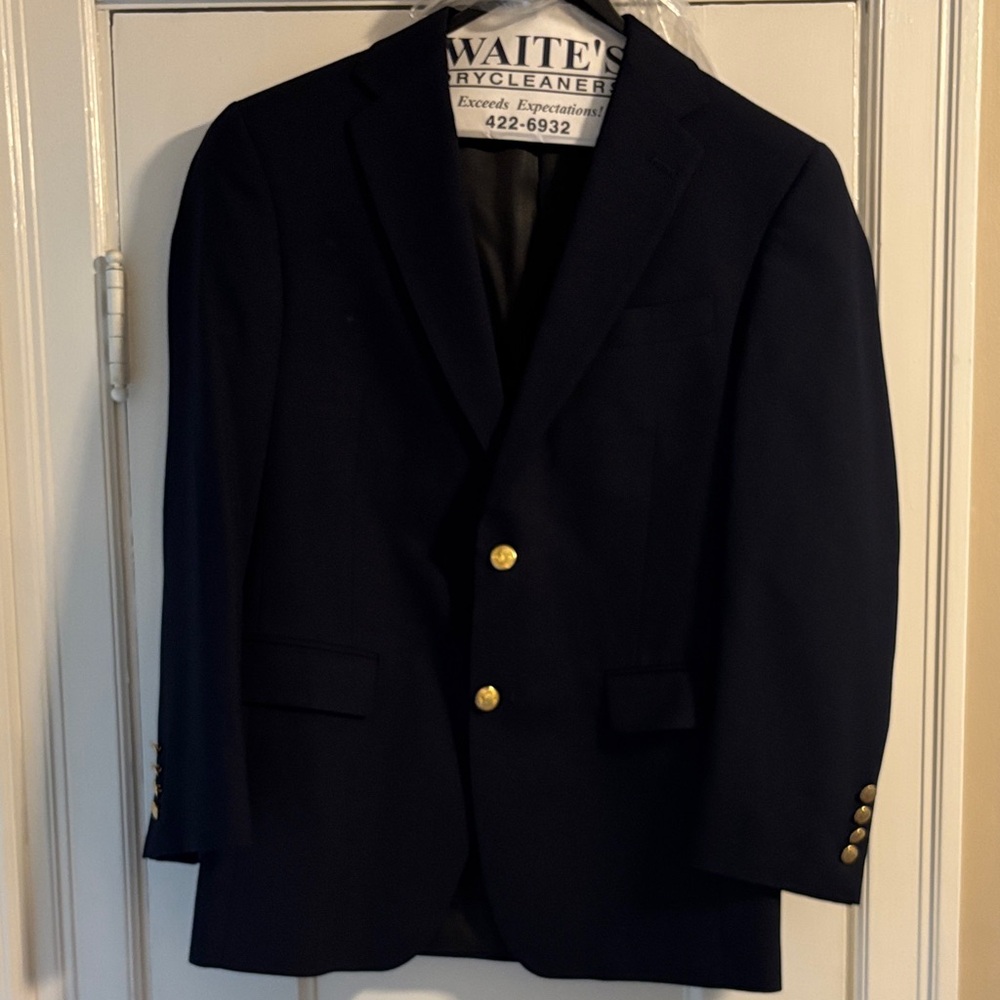 Men’s Hart Schaffner Marx Navy Blazer with Gold Buttons - Visible Stain Pictured